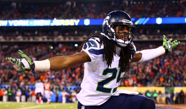 Feb 2, 2014; East Rutherford, NJ, USA; Seattle Seahawks cornerback Richard Sherman (25) reacts during the third quarter against the Denver Broncos in Super Bowl XLVIII at MetLife Stadium. Mandatory Credit: Mark J. Rebilas-USA TODAY Sports