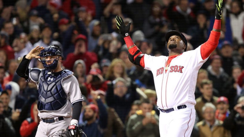 BOSTON, MA - APRIL 29: David Ortiz #34 of the Boston Red Sox celebrates after hitting a two-run home run in the eighth inning during the game against the New York Yankees at Fenway Park on April 29, 2016 in Boston, Massachusetts. (Photo by Adam Glanzman/Getty Images)